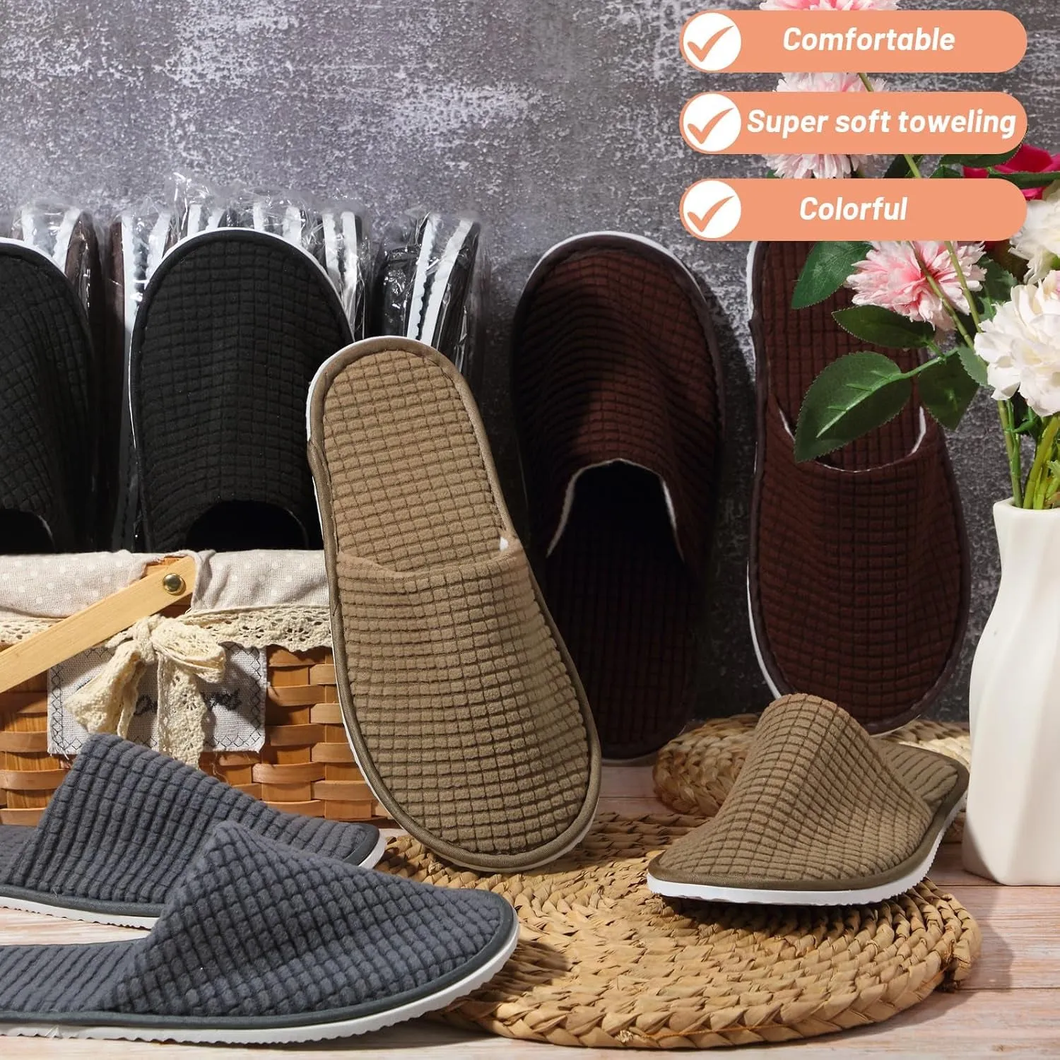 12 Pair House Slipper for Guest Non Slip Disposable Slipper for Travel Washable Reusable Closed Toe Hotel Bridesmaid Indoor Spa Wedding Party Shoeless Home