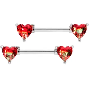 14 Gauge 9/16 Red Tourmaline Heart Barbell Nipple Ring Set