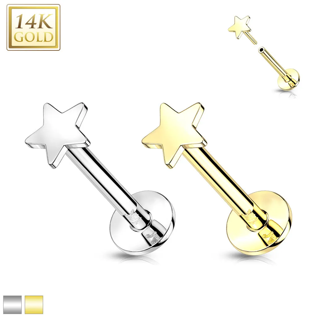 14K Solid Gold Flat Star Top Threadless Push-In Labret for Cartilage Monroe