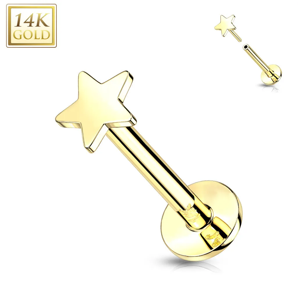 14K Solid Gold Flat Star Top Threadless Push-In Labret for Cartilage Monroe