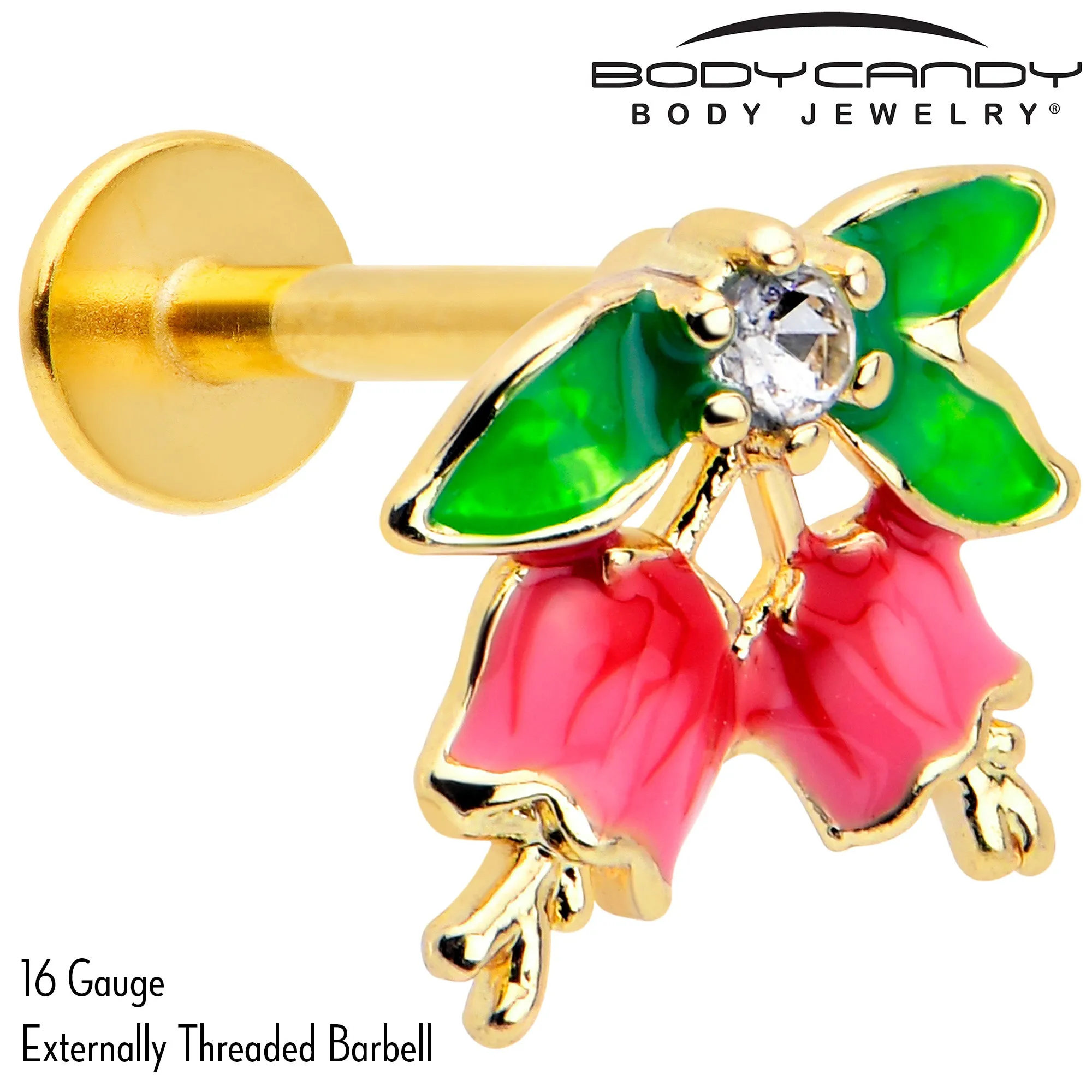 16 Gauge 5/16 Clear CZ Gem Gold Tone Bell Flower Labret Monroe Tragus