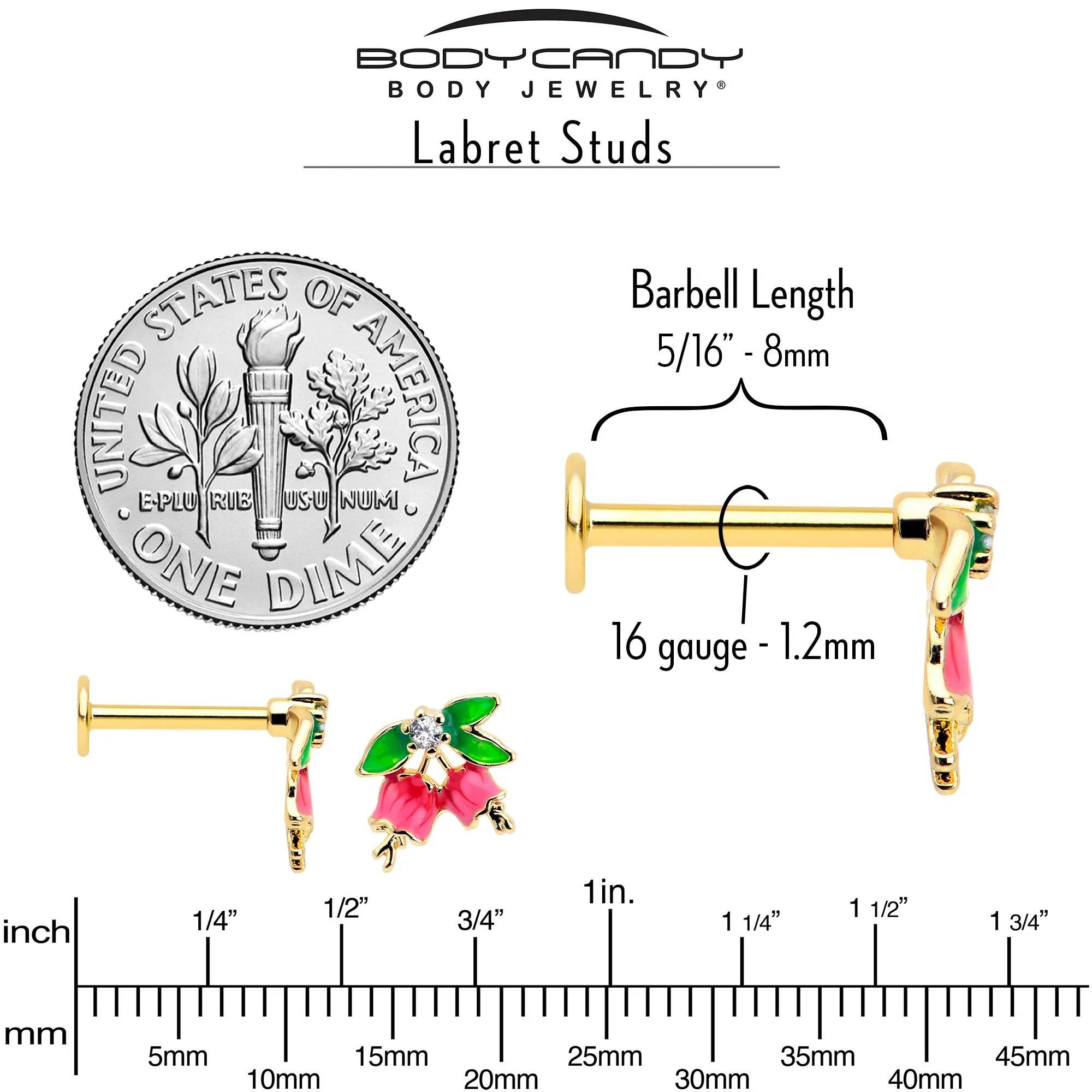 16 Gauge 5/16 Clear CZ Gem Gold Tone Bell Flower Labret Monroe Tragus