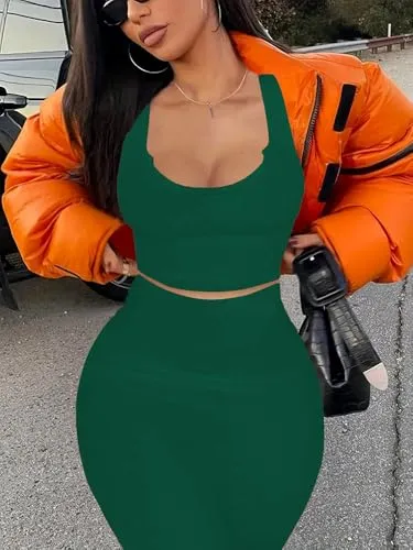 2 piece outfits for women Sexy Bodycon Skirt Set Summer Casual Matching Sets Green L