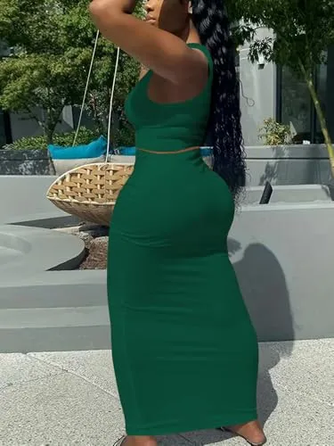 2 piece outfits for women Sexy Bodycon Skirt Set Summer Casual Matching Sets Green L