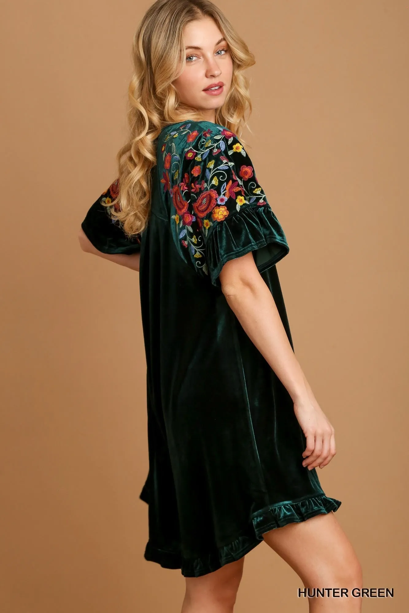 50% Off - Head Over Heels Hunter Green Velvet Embroidered Dress