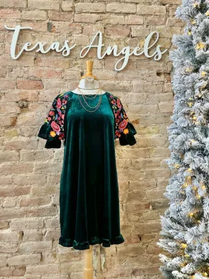 50% Off - Head Over Heels Hunter Green Velvet Embroidered Dress