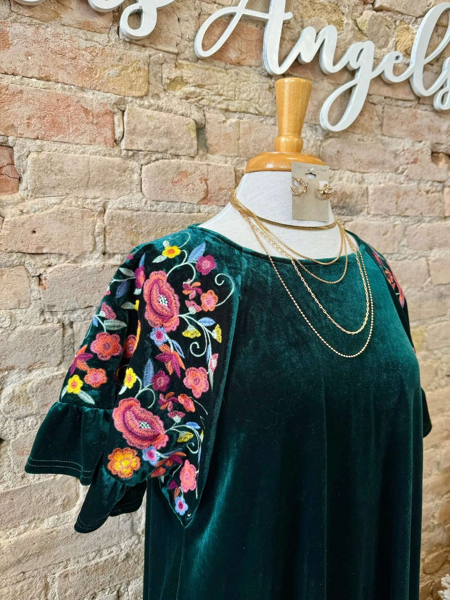 50% Off - Head Over Heels Hunter Green Velvet Embroidered Dress