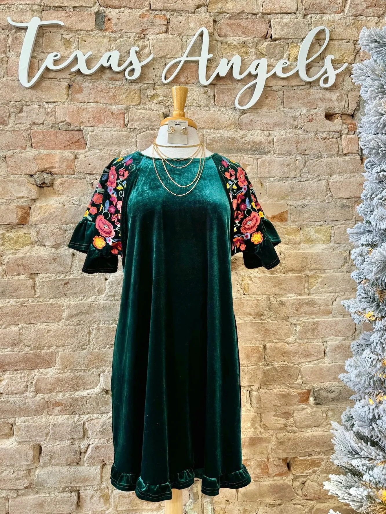 50% Off - Head Over Heels Hunter Green Velvet Embroidered Dress