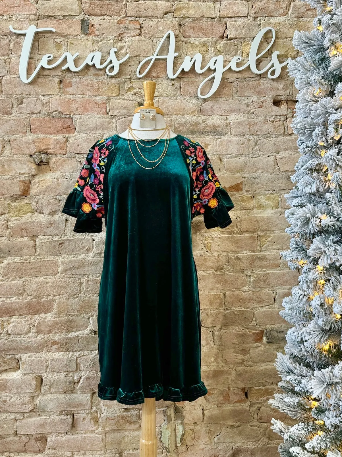 50% Off - Head Over Heels Hunter Green Velvet Embroidered Dress