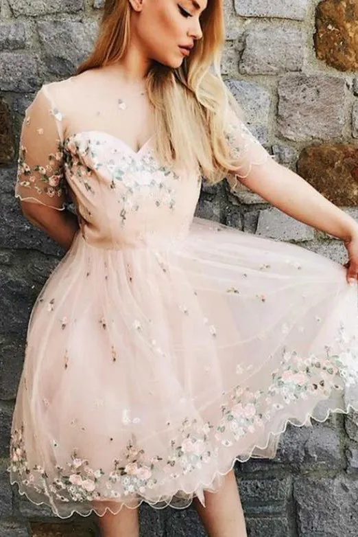 A-Line Crew Short Sleeves Tulle Homecoming Dress with Embroidery OHM081