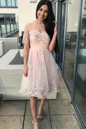 A-Line Crew Short Sleeves Tulle Homecoming Dress with Embroidery OHM081