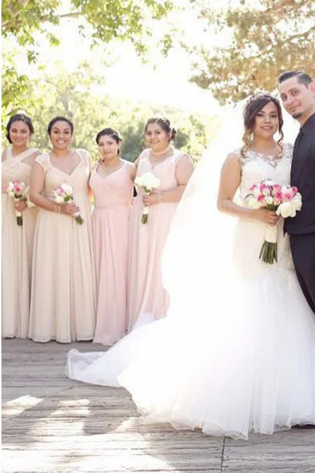 A-Line Cross Neck Backless Chiffon Bridesmaid Dress with Ruched OHS038