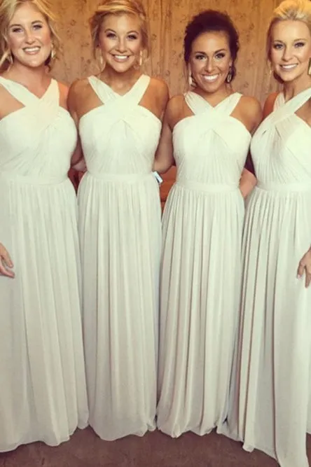 A-Line Cross Neck Floor-Length Ivory Chiffon Bridesmaid Dress with Pleats OHS045