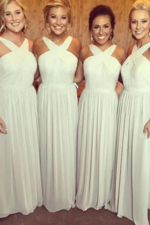 A-Line Cross Neck Floor-Length Ivory Chiffon Bridesmaid Dress with Pleats OHS045