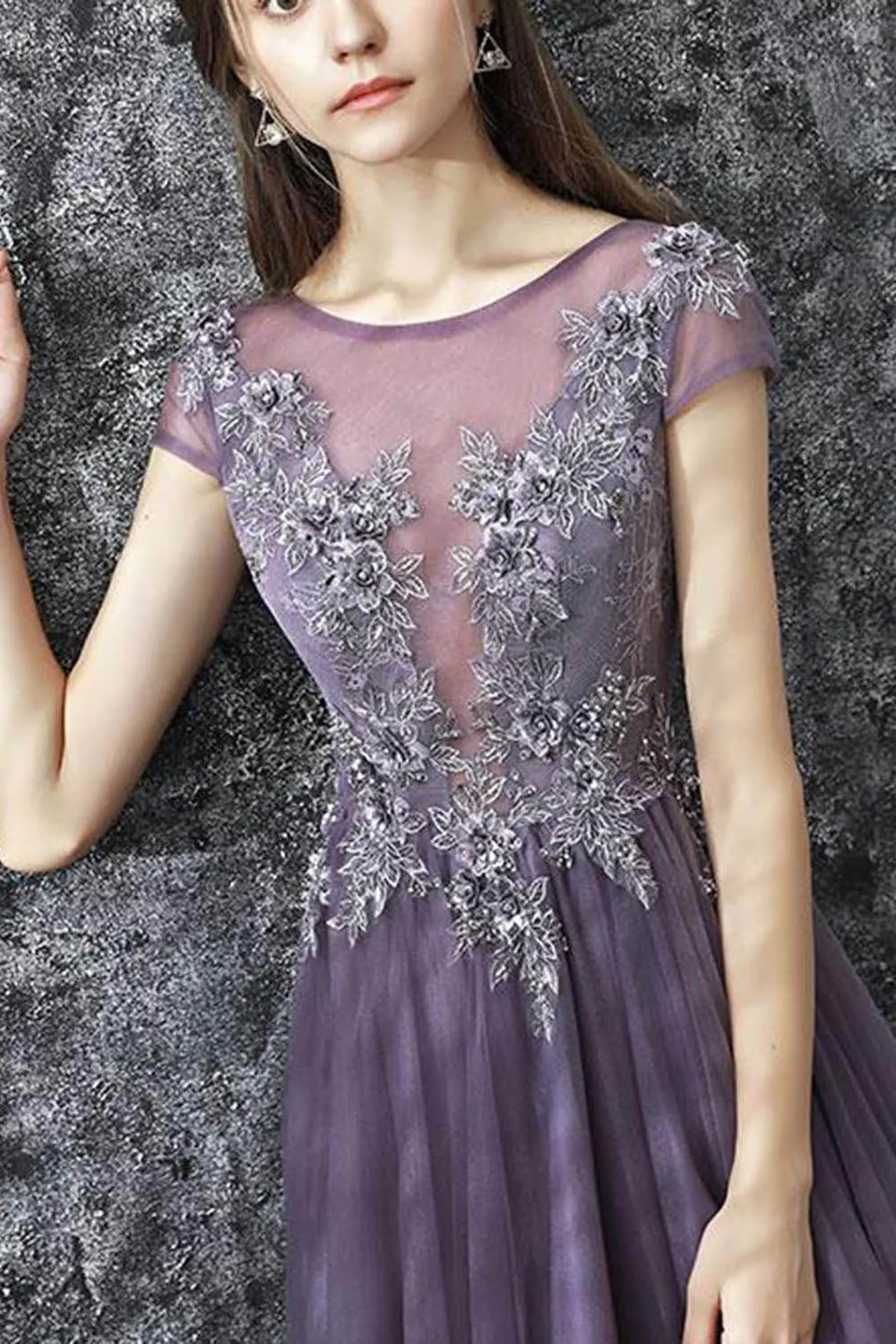 A Line Grey Purple Tulle See Through Long Spring Senior Prom Dress With Sleeves OHC482