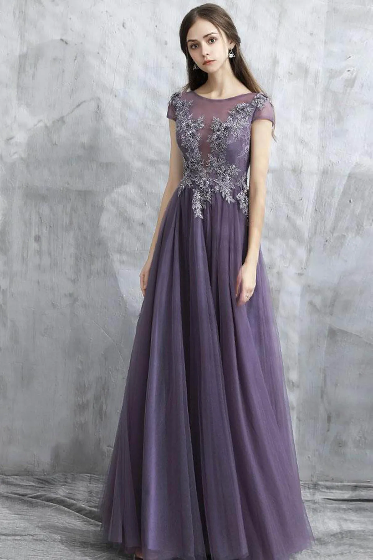 A Line Grey Purple Tulle See Through Long Spring Senior Prom Dress With Sleeves OHC482