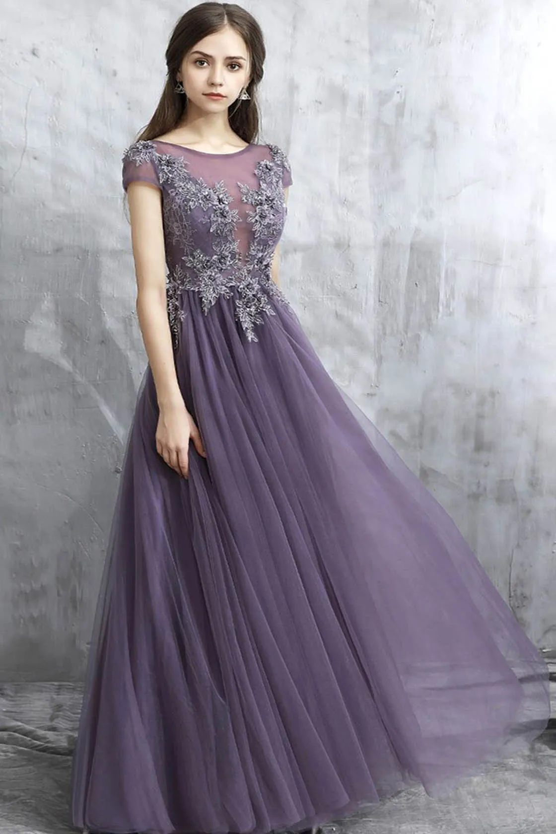 A Line Grey Purple Tulle See Through Long Spring Senior Prom Dress With Sleeves OHC482