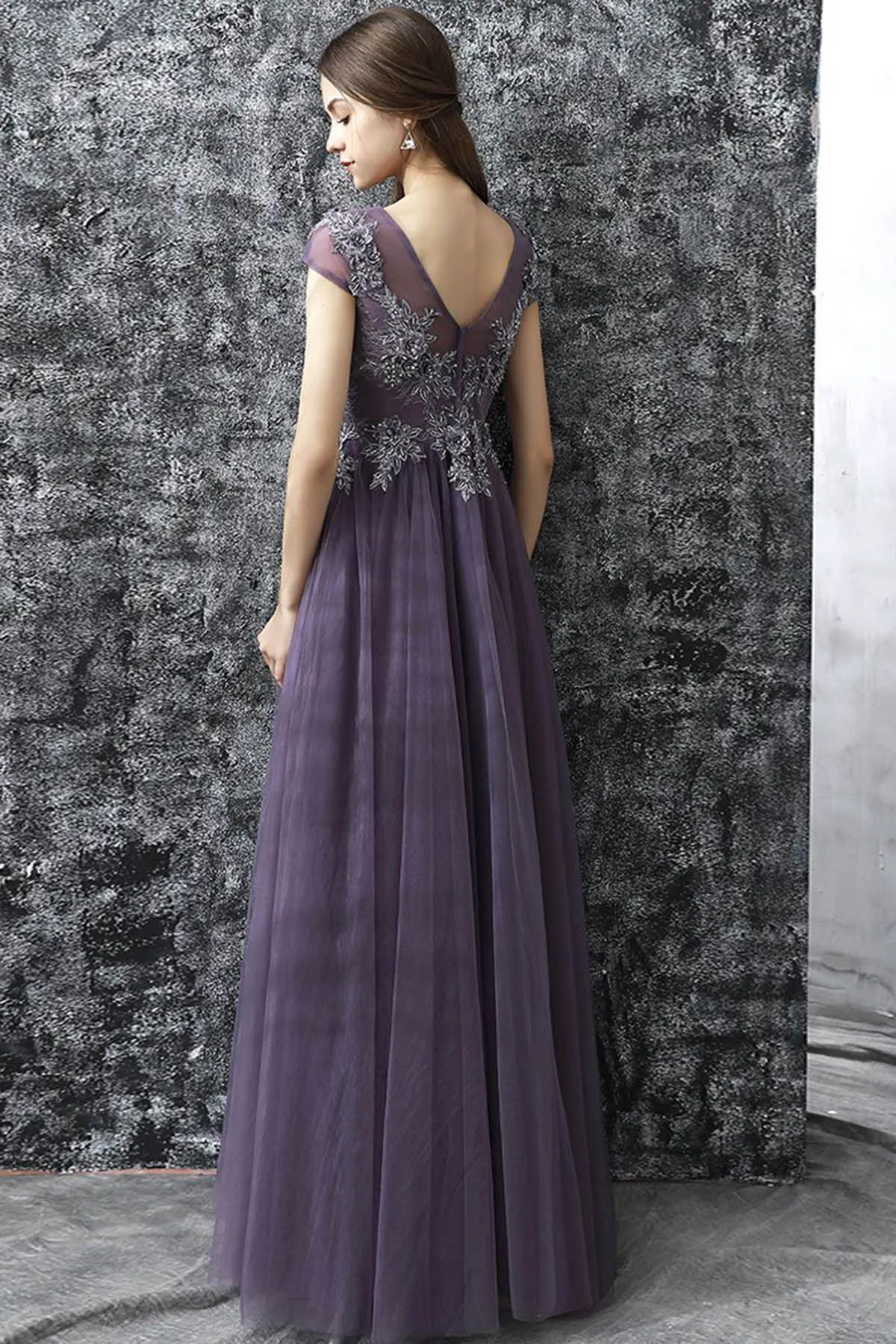 A Line Grey Purple Tulle See Through Long Spring Senior Prom Dress With Sleeves OHC482