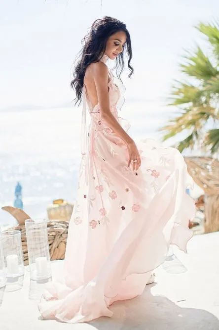 A-Line Halter Backless Pink Chiffon Wedding Dress with Appliques Ruffles OHD041