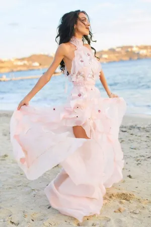 A-Line Halter Backless Pink Chiffon Wedding Dress with Appliques Ruffles OHD041