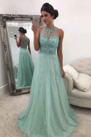 A-Line Jewel Floor-Length Blue Tulle Prom Dress with Appliques OHC071