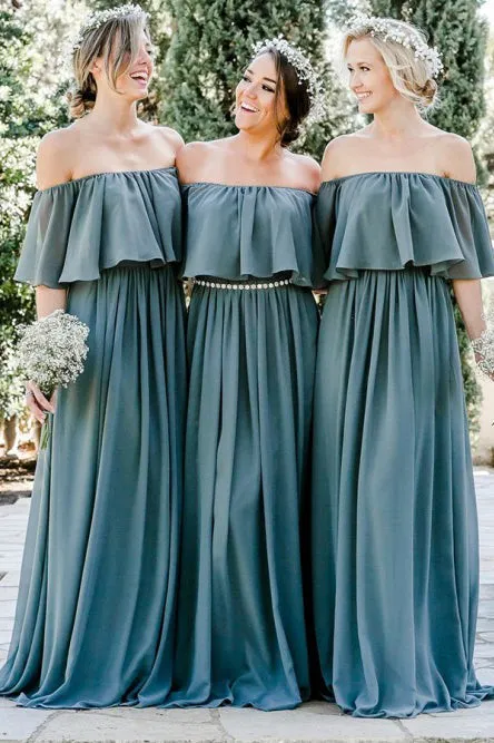 A-Line Off-the-Shoulder Floor-Length Chiffon Bridesmaid Dress with Ruffles OHS048