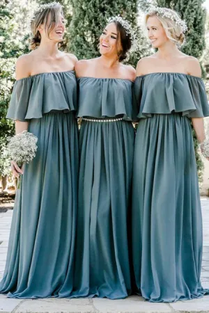 A-Line Off-the-Shoulder Floor-Length Chiffon Bridesmaid Dress with Ruffles OHS048