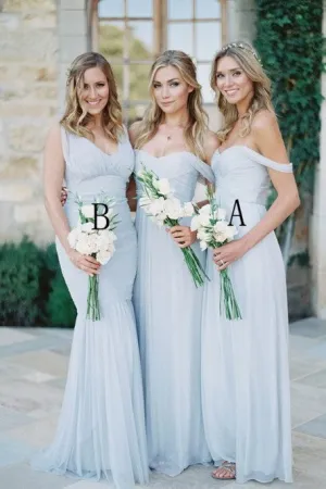 A-Line Off-the-Shoulder Floor-Length Light Blue Ruched Long Chiffon Bridesmaid Dress OHS137
