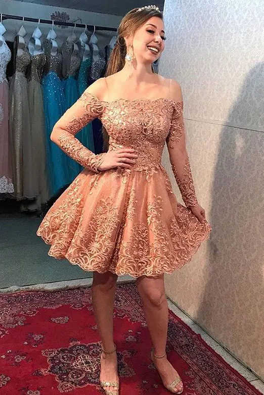 A Line Off the Shoulder Long Sleeves Homecoming Dresses with Appliques OHM026