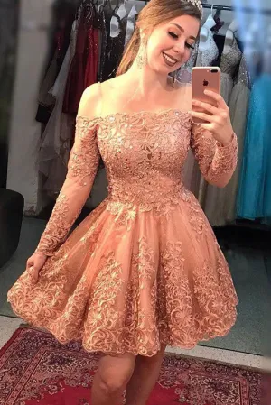 A Line Off the Shoulder Long Sleeves Homecoming Dresses with Appliques OHM026