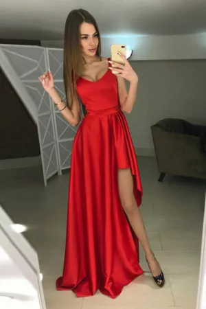 A-Line Scoop Sweep Train Red Satin Prom Dress with Ruffles OHC061