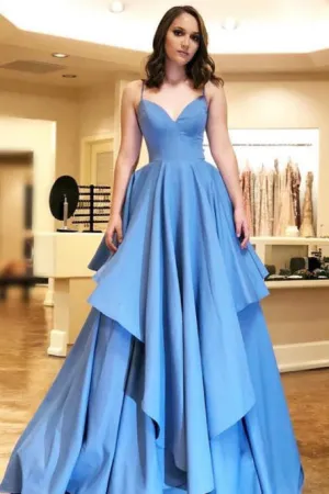 A-Line Spaghetti Straps Floor-Length Blue Satin Tiered Prom Dress OHC559