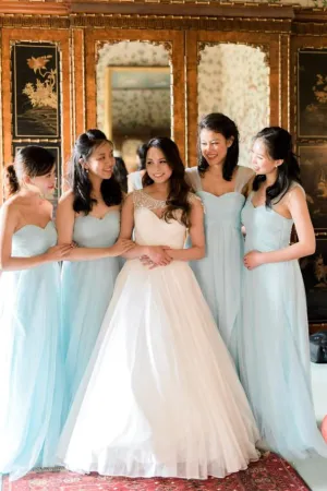A Line Sweetheart Floor Length Sleeveless Long Tulle Romantic Bridesmaid Dresses with Ruffles OHS129