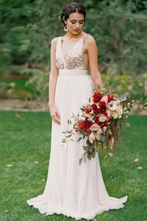A-Line V-Neck Backless Bridesmaid Dress with Sequins Bowknot OHS061