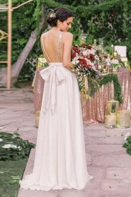 A-Line V-Neck Backless Bridesmaid Dress with Sequins Bowknot OHS061