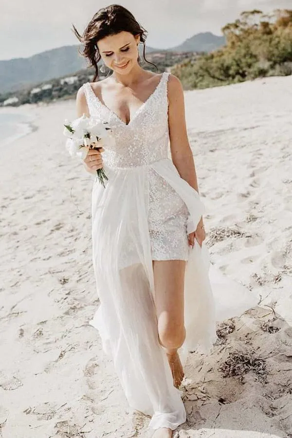 A-Line V-Neck Backless Detachable Train Sequined Beach Wedding Dress OHD028