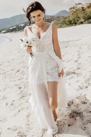 A-Line V-Neck Backless Detachable Train Sequined Beach Wedding Dress OHD028