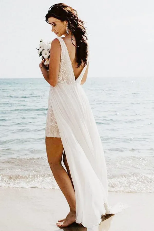A-Line V-Neck Backless Detachable Train Sequined Beach Wedding Dress OHD028