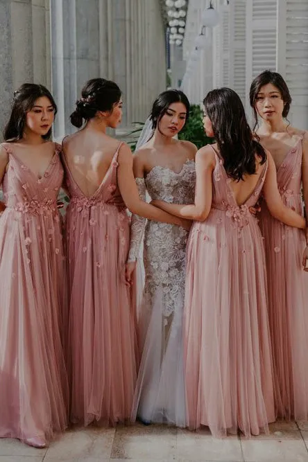 A-Line V-Neck Backless Floor-Length Pleated Bridesmaid Dress with Flowers OHS082