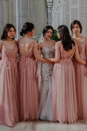 A-Line V-Neck Backless Floor-Length Pleated Bridesmaid Dress with Flowers OHS082