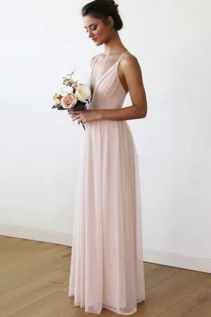 A-Line V-Neck Criss-Cross Straps Pink Chiffon Long Bridesmaid Dress with Pleats OHS060