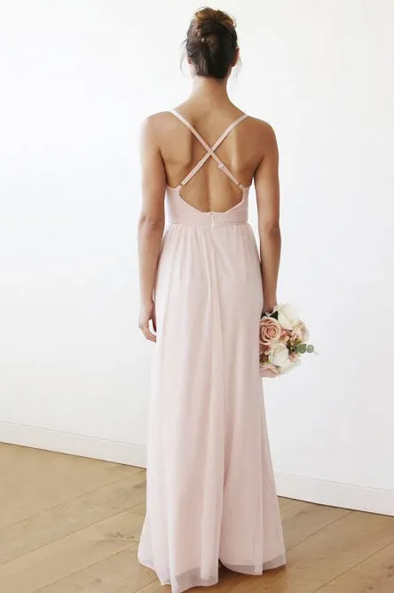 A-Line V-Neck Criss-Cross Straps Pink Chiffon Long Bridesmaid Dress with Pleats OHS060