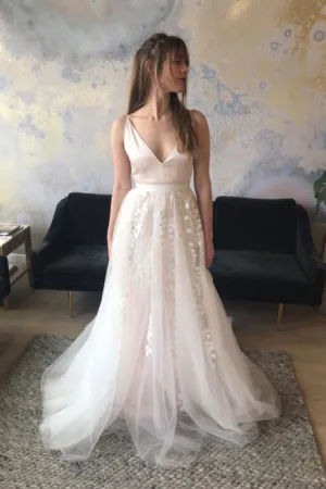 A-Line V-Neck Sweep Train Pearl Pink Wedding Dress with Appliques OHD060