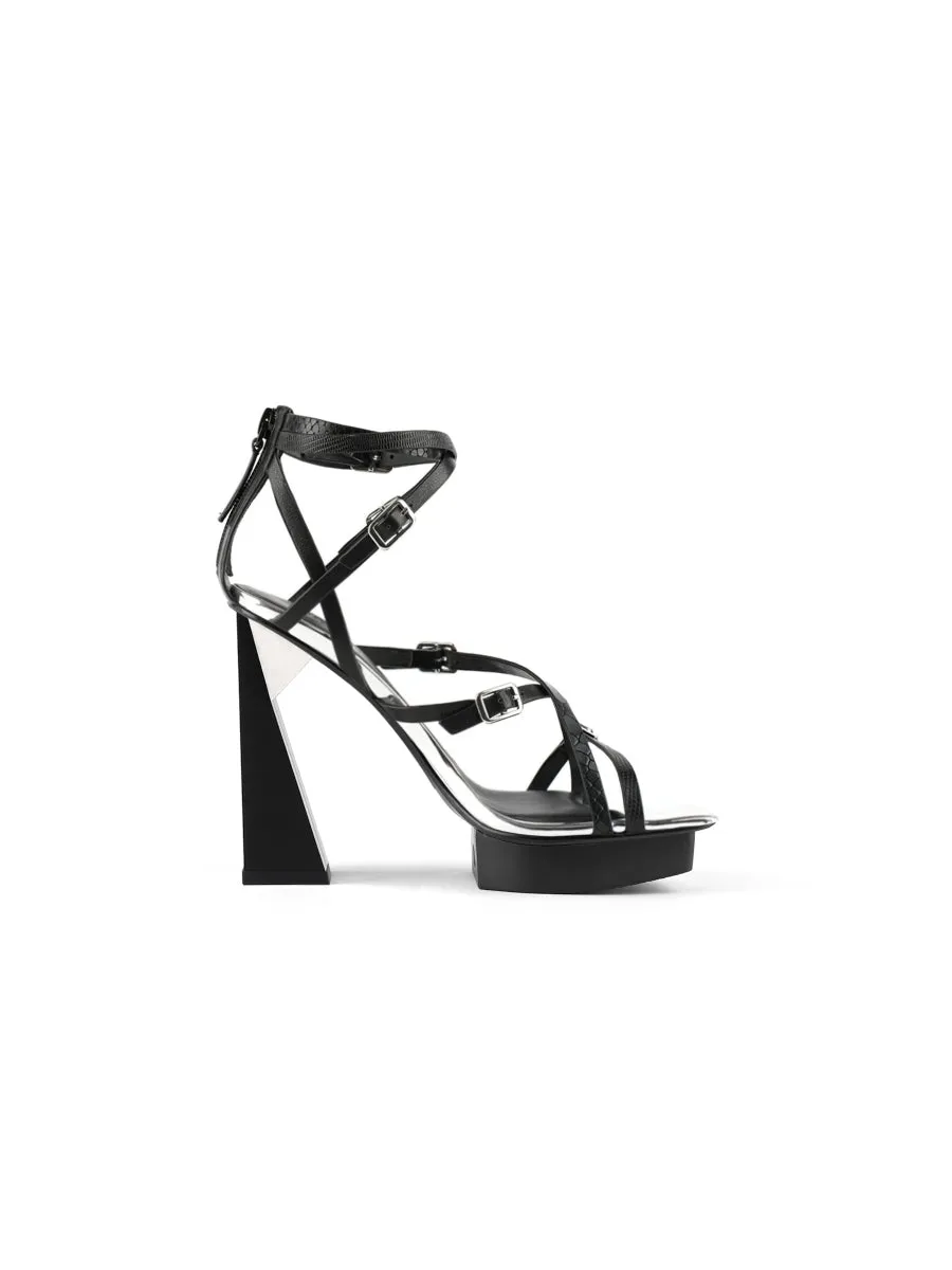 Acute Triangle Heel Genuine Leather Strap Heel - Black
