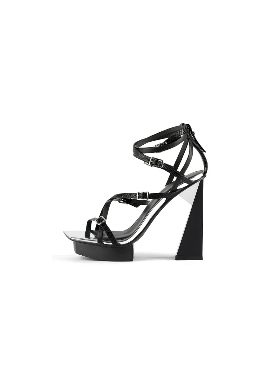 Acute Triangle Heel Genuine Leather Strap Heel - Black