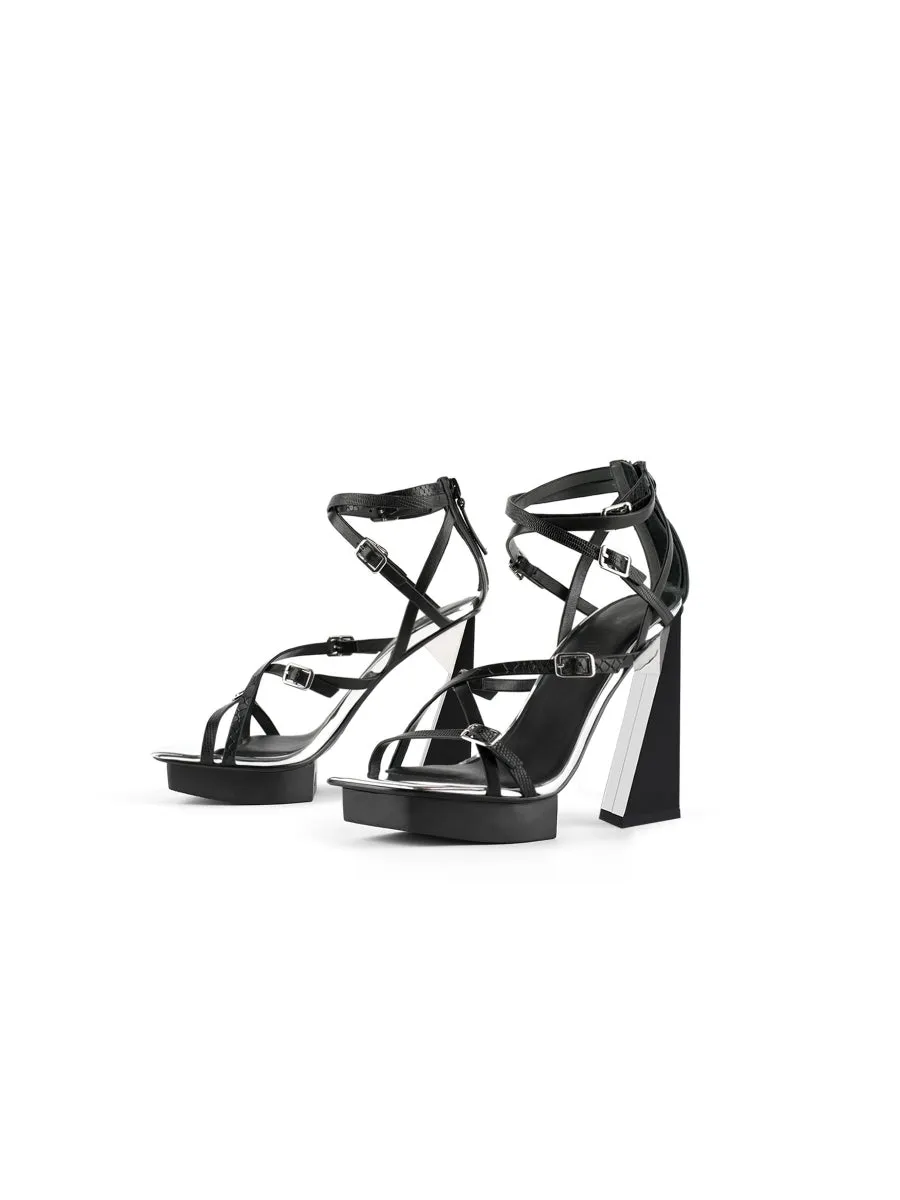 Acute Triangle Heel Genuine Leather Strap Heel - Black