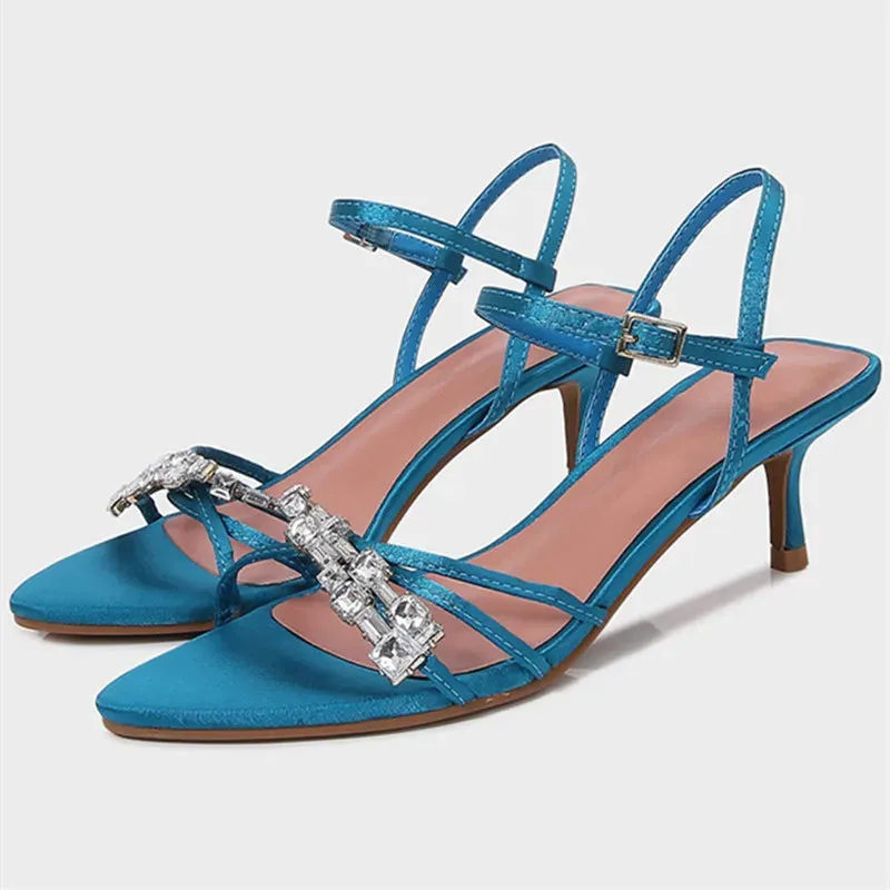 ADVBRIDGE  -  Blue CRYSTAL Rhinestone Ankle Strap Buckle High Heel Sandals Women Sexy Peep Toe Summer High Heels Elegant Banquet Dress Shoes