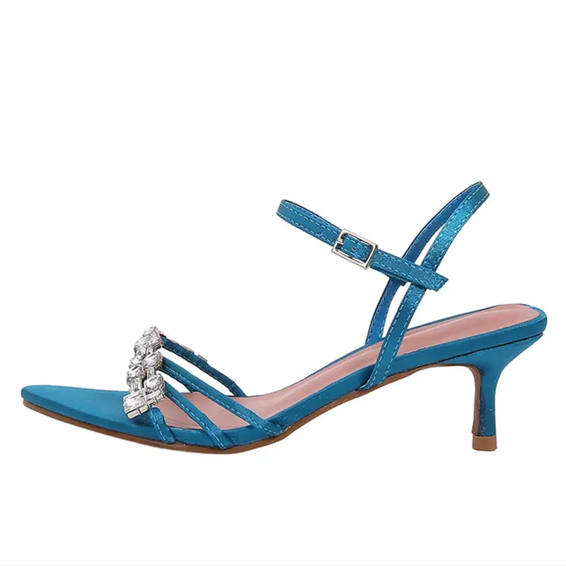 ADVBRIDGE  -  Blue CRYSTAL Rhinestone Ankle Strap Buckle High Heel Sandals Women Sexy Peep Toe Summer High Heels Elegant Banquet Dress Shoes
