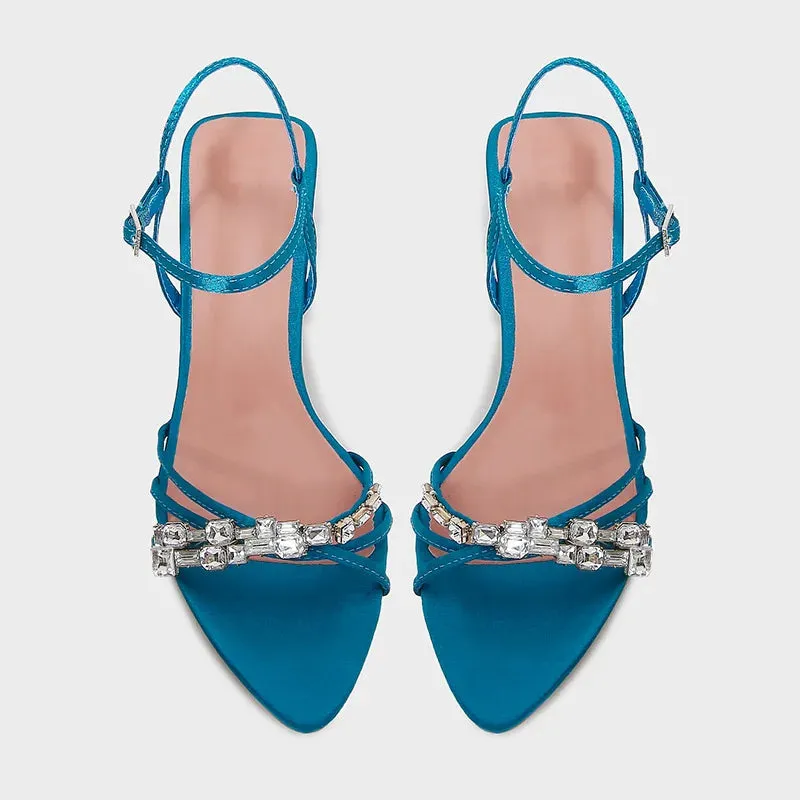 ADVBRIDGE  -  Blue CRYSTAL Rhinestone Ankle Strap Buckle High Heel Sandals Women Sexy Peep Toe Summer High Heels Elegant Banquet Dress Shoes