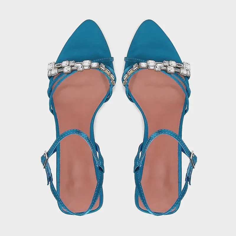 ADVBRIDGE  -  Blue CRYSTAL Rhinestone Ankle Strap Buckle High Heel Sandals Women Sexy Peep Toe Summer High Heels Elegant Banquet Dress Shoes
